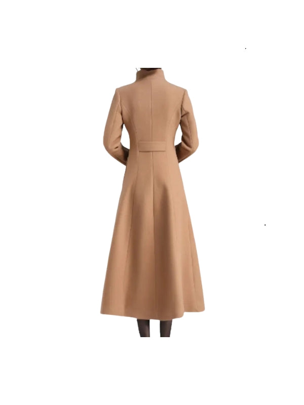 Women's Handmade A-Line Long Sleeves Real Wool Camel Brown Coat