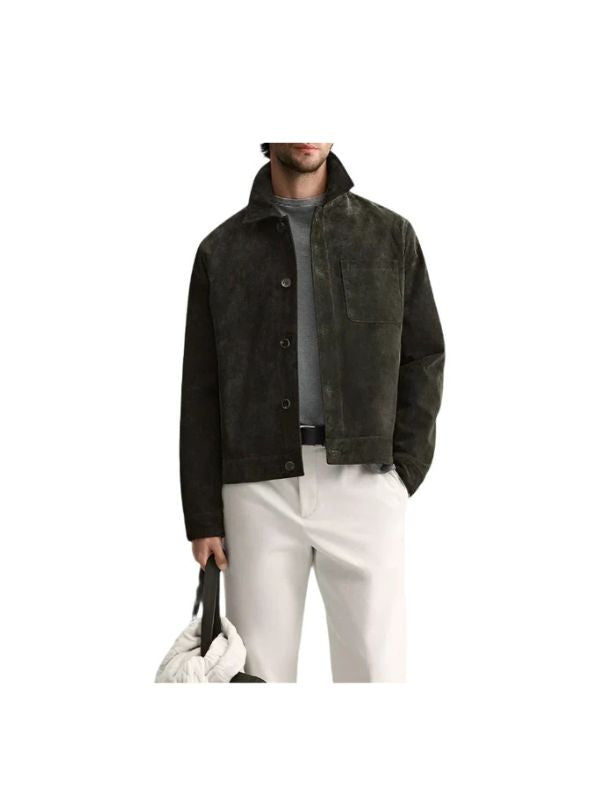 Men's Real Suede Long Sleeves Polyester Lining Green Jacket