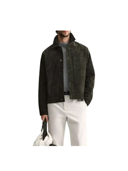 Men's Real Suede Long Sleeves Polyester Lining Green Jacket