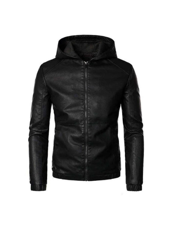 Men's Motorcycle Black Hooded Biker Leather Jacket