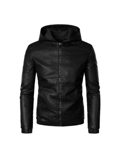 Men's Motorcycle Black Hooded Biker Leather Jacket