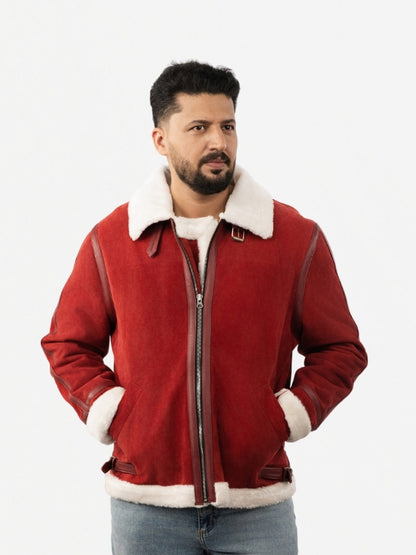 Men’s Red Suede Leather Jacket - Aviator Style