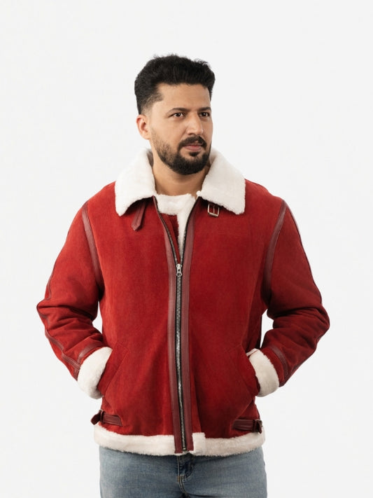 Men’s Red Suede Leather Jacket - Aviator Style