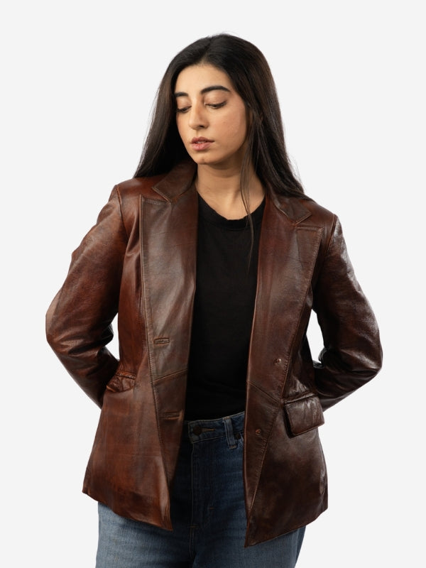 Women’s Vintage Brown Leather Blazer Jacket