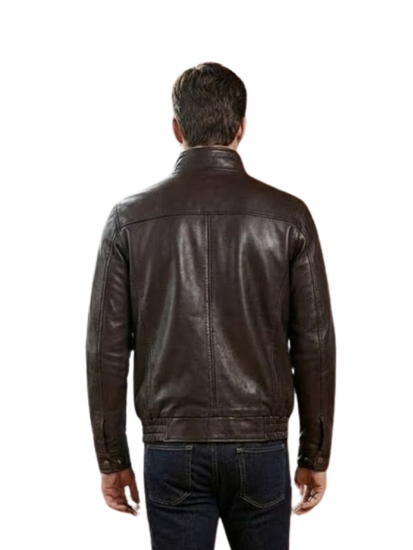Man wearing a brown leather jacket on a white background