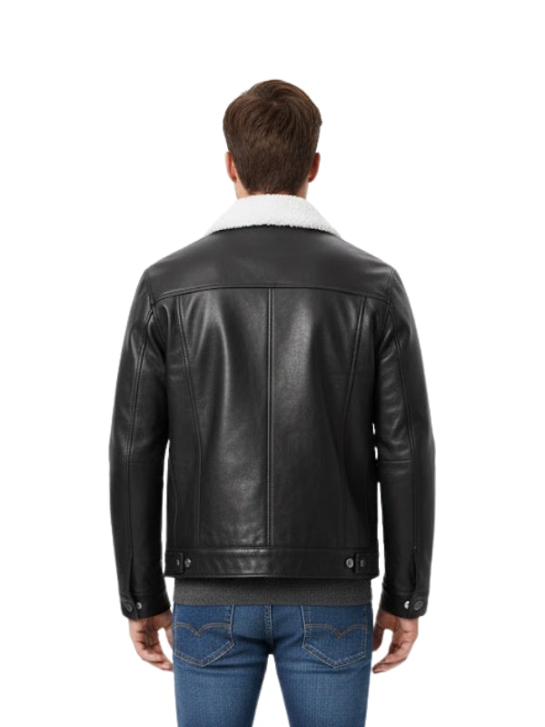 Man wearing a black leather jacket with white lining on a white background