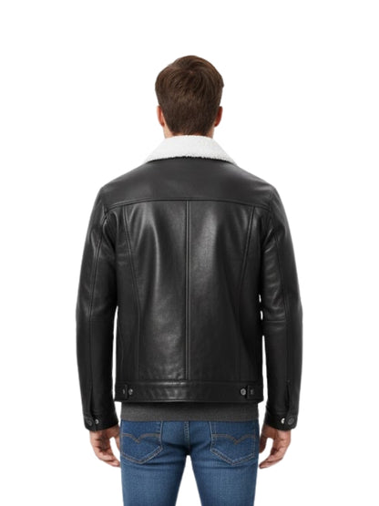 Man wearing a black leather jacket with white lining on a white background