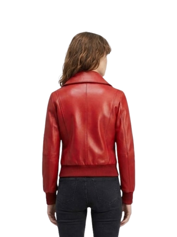 Red leather jacket worn by a person on a white background