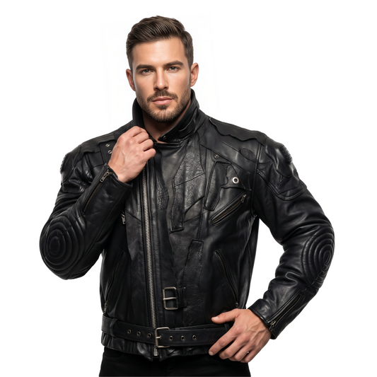 Urban Techwear Style Black Leather Biker Jacket