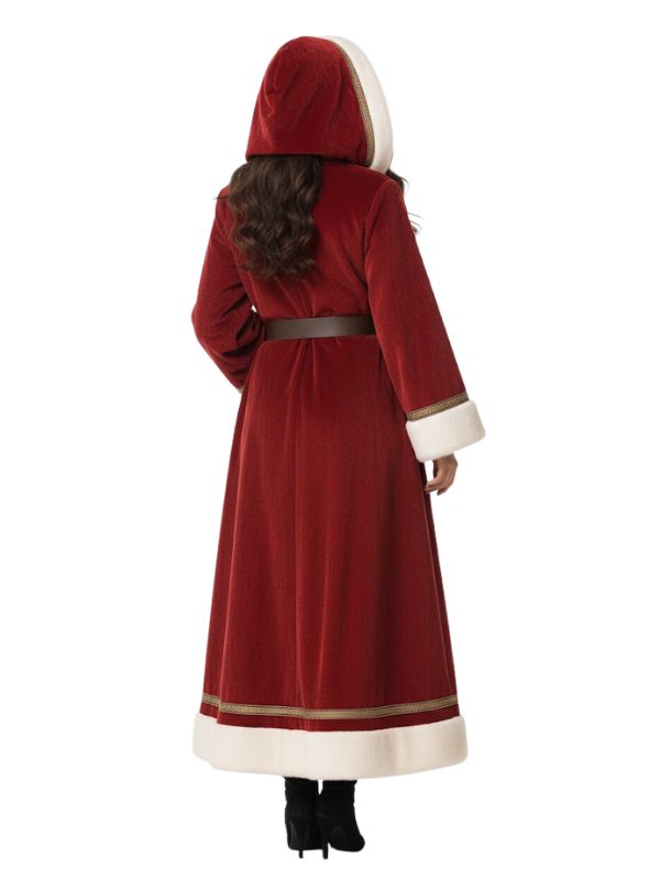 Red coat with white trim worn by a person on a white background