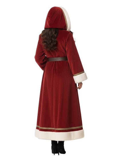 Red coat with white trim worn by a person on a white background