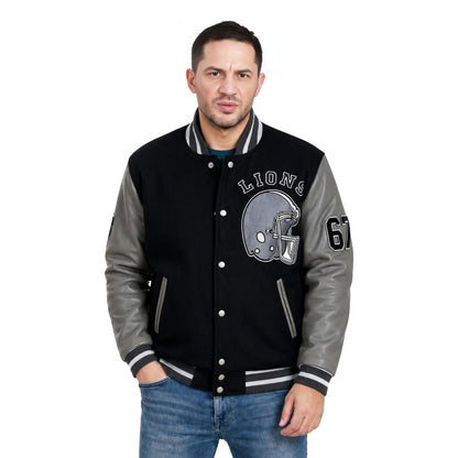 Man wearing a black and gray letterman jacket with 'Lions' and number '67' on a white background