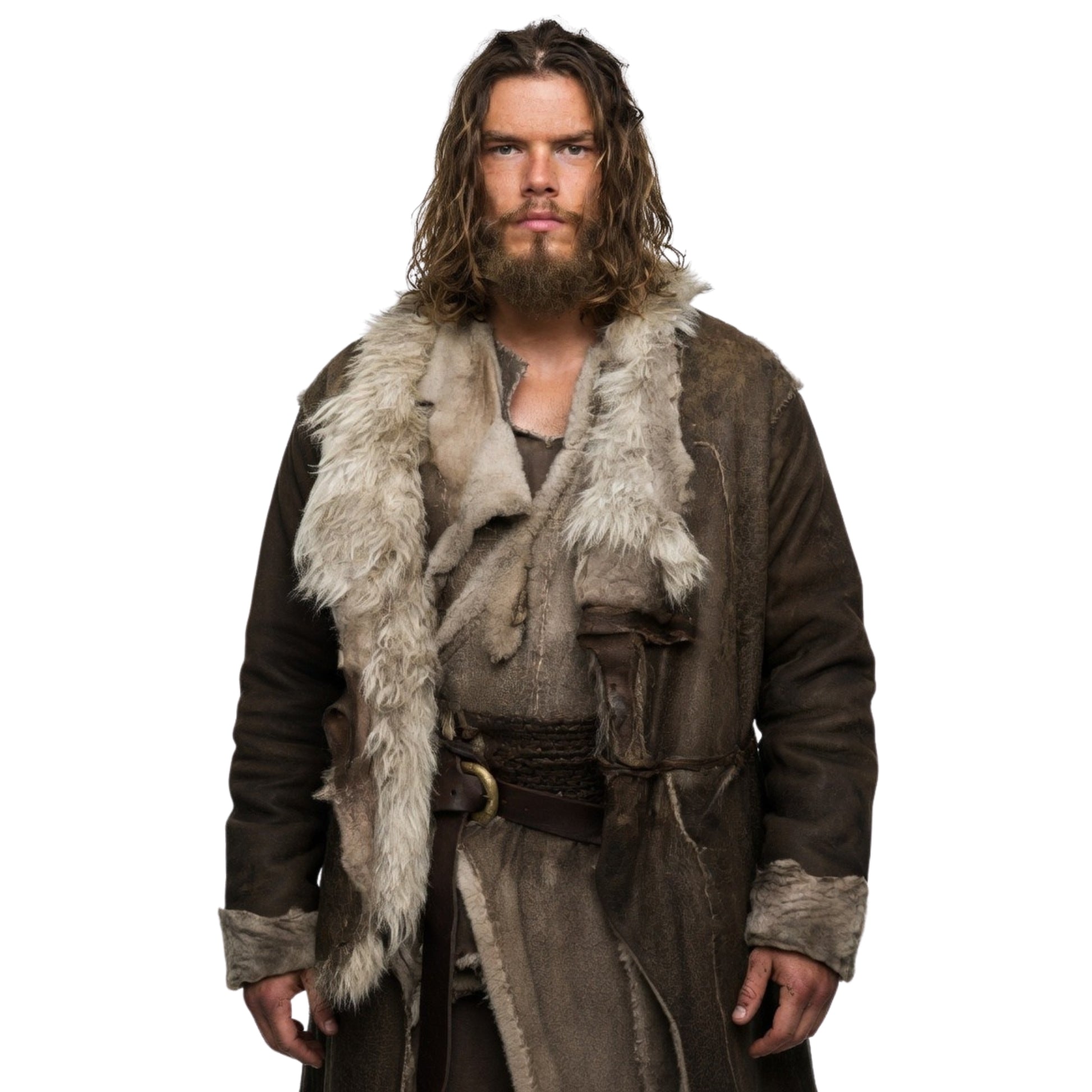 Man wearing a fur-lined coat with a white background
