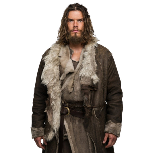 Man wearing a fur-lined coat with a white background