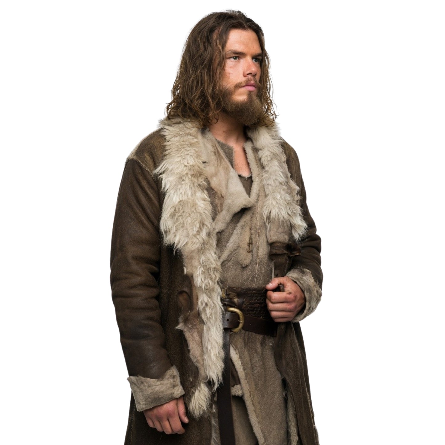 Man wearing a fur-lined leather coat on a white background