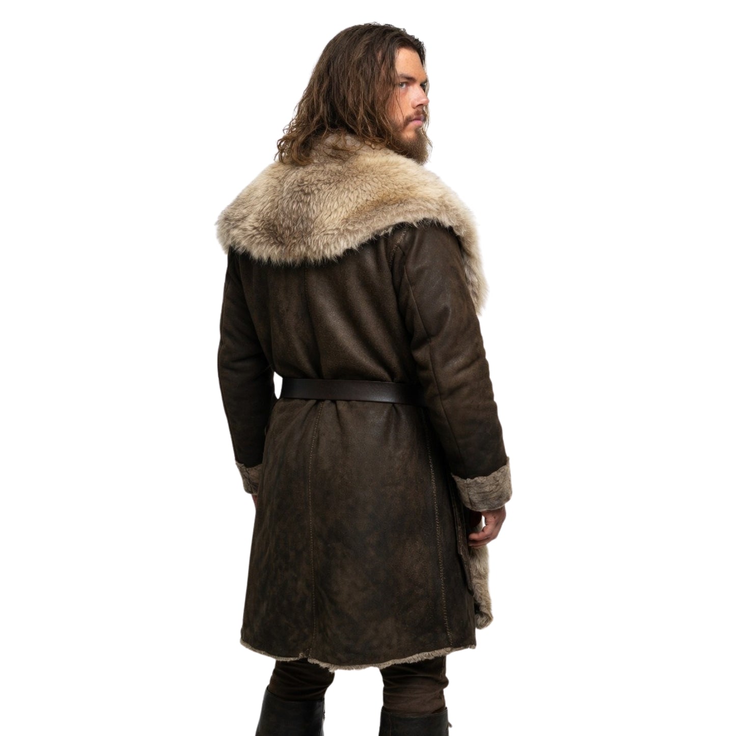 Man wearing a brown leather coat with fur trim on a white background