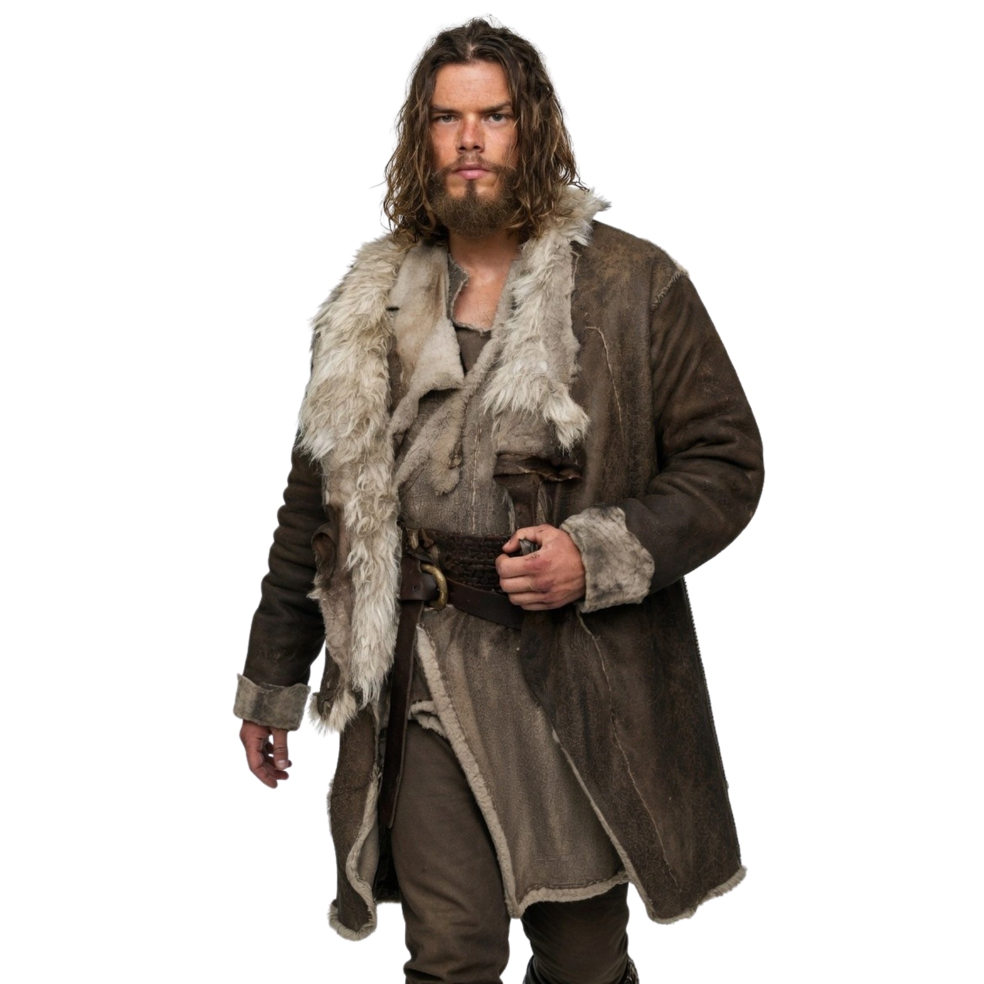 Man wearing a fur-lined coat on a white background