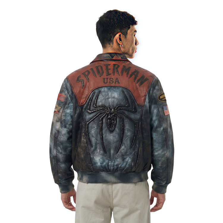 Person wearing a Spider-Man themed leather jacket on a white background