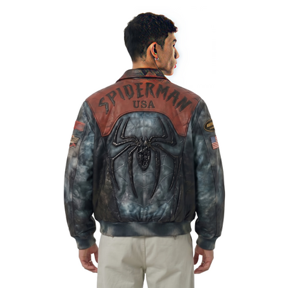 Person wearing a Spider-Man themed leather jacket on a white background