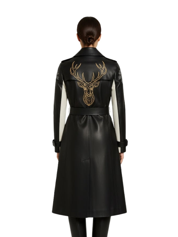 Vintage Classic Long Double Breasted Black Leather Trench Coat