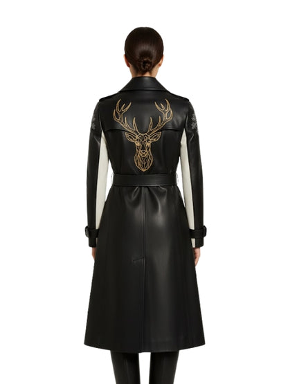 Vintage Classic Long Double Breasted Black Leather Trench Coat