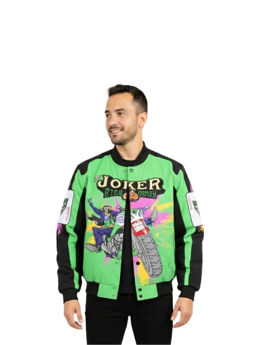 Vintage design Joker racing jacket featuring bold graphics and a classic comic-inspired racing style