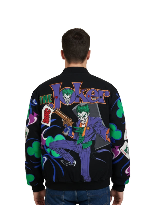 Person wearing a 'The Joker' themed jacket with colorful graphics on a white background