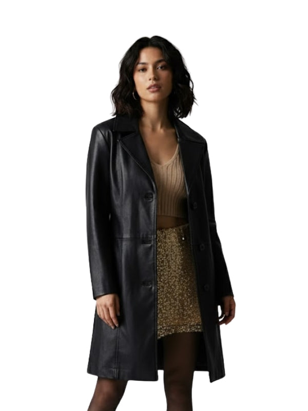 Woman wearing a black leather coat over a beige top and leopard print skirt on a white background