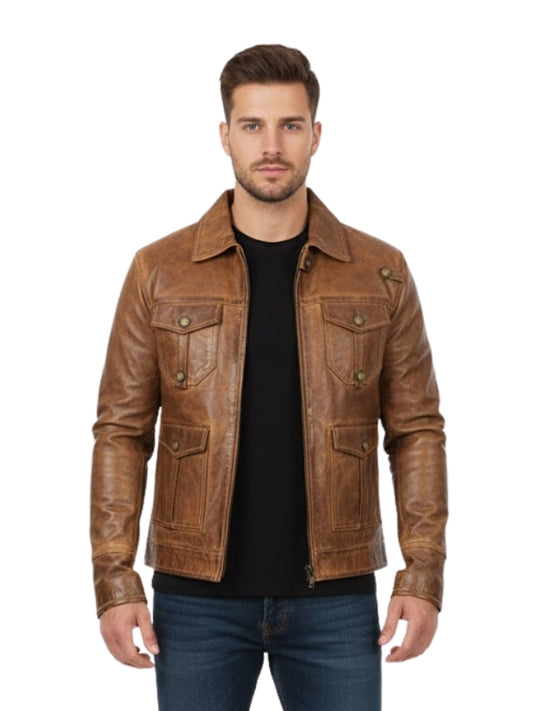 Man wearing a brown leather jacket on a white background