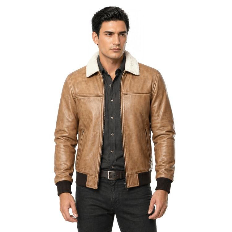 Man wearing a brown leather jacket with white fur lining on a white background