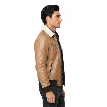 Man wearing a brown leather jacket with white fur lining on a white background