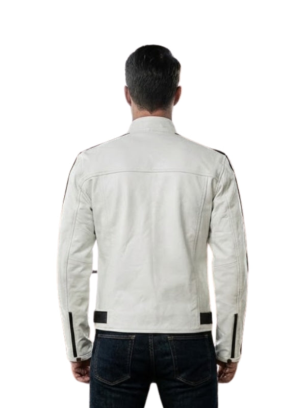 Man wearing a white leather jacket with black accents on a white background