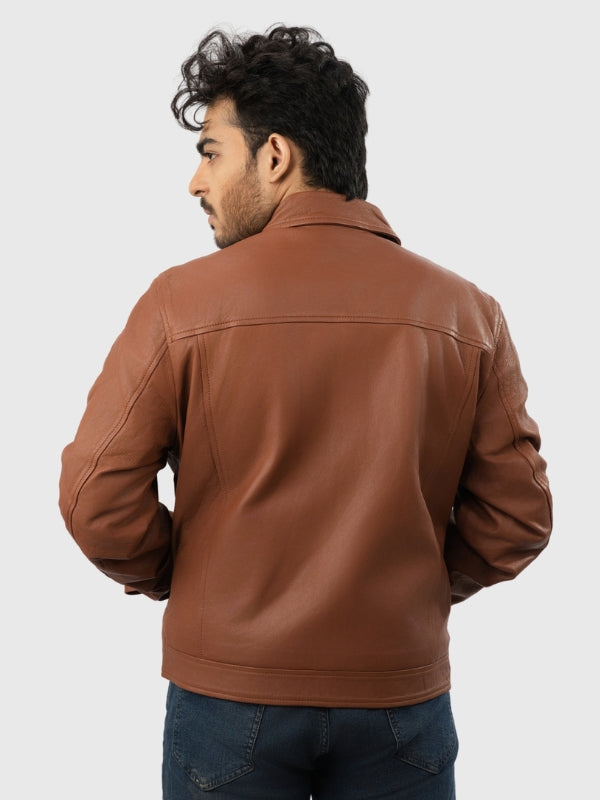 Man wearing a brown leather jacket on a white background