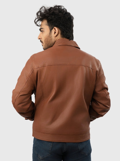 Man wearing a brown leather jacket on a white background