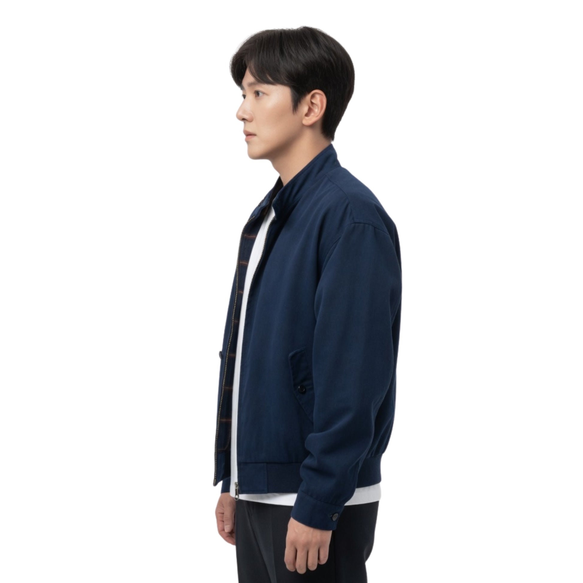 Person wearing a navy blue jacket on a white background