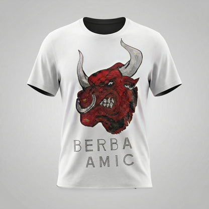 White t-shirt with red bull graphic and 'BERBA AMIC' text on a gray background