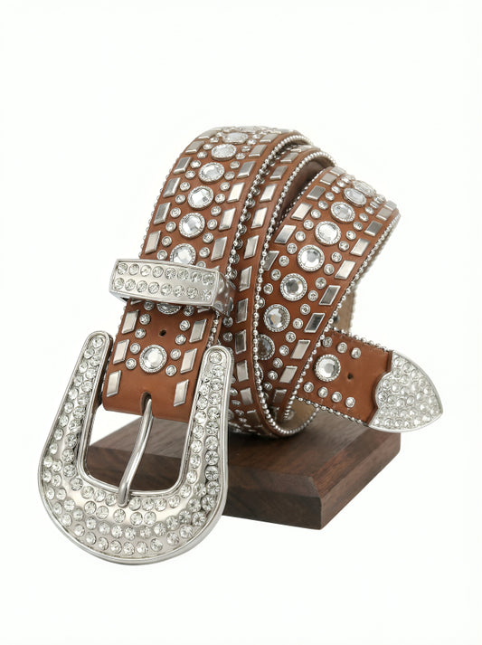 Brown leather belt with silver rhinestone buckle on a white background