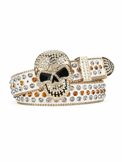 Decorative belt with skull design and crystal embellishments on a white background