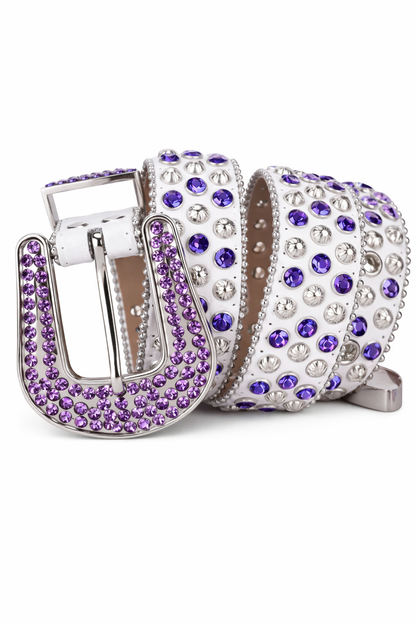 Decorative belt with purple and silver embellishments on a white background
