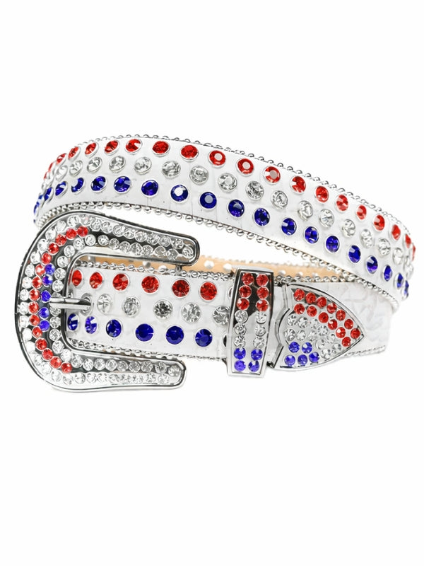 Belt with red, white, and blue rhinestone pattern on a white background