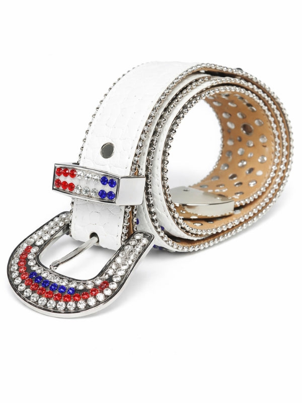 White belt with a decorative buckle featuring red, blue, and clear stones on a white background