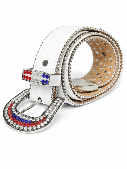 White belt with a decorative buckle featuring red, blue, and clear stones on a white background
