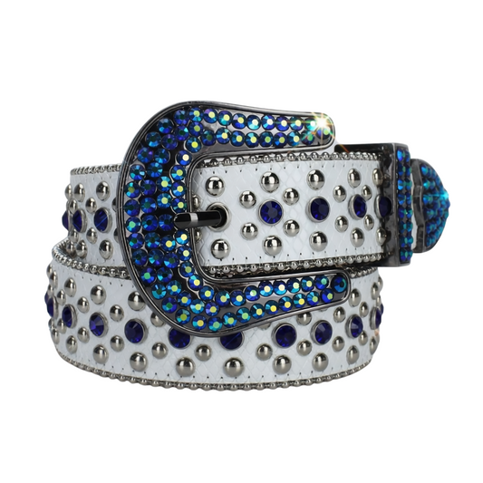 White Strap With Blue Rhinestone Western Belt Live Now