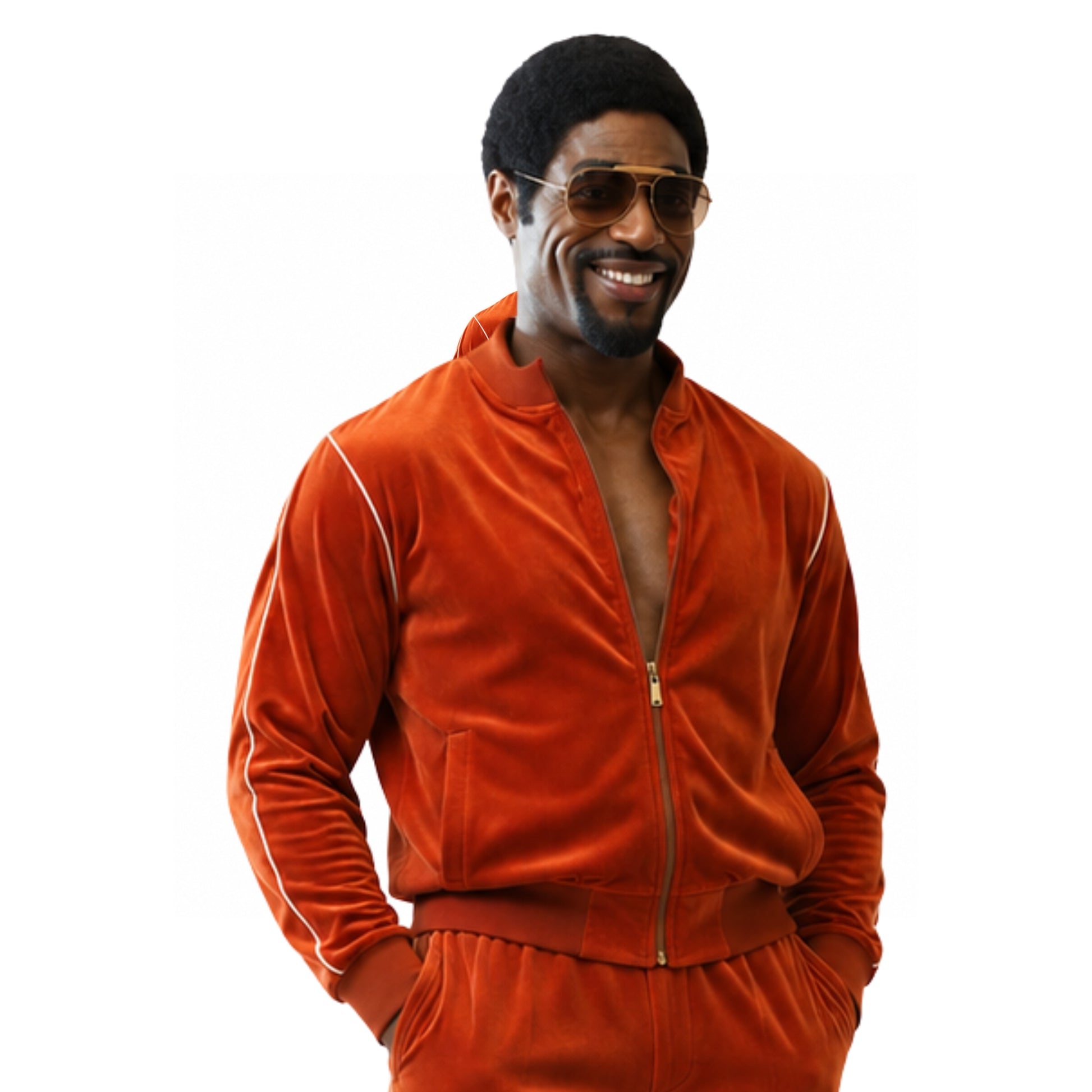 Man wearing an orange tracksuit with a white background