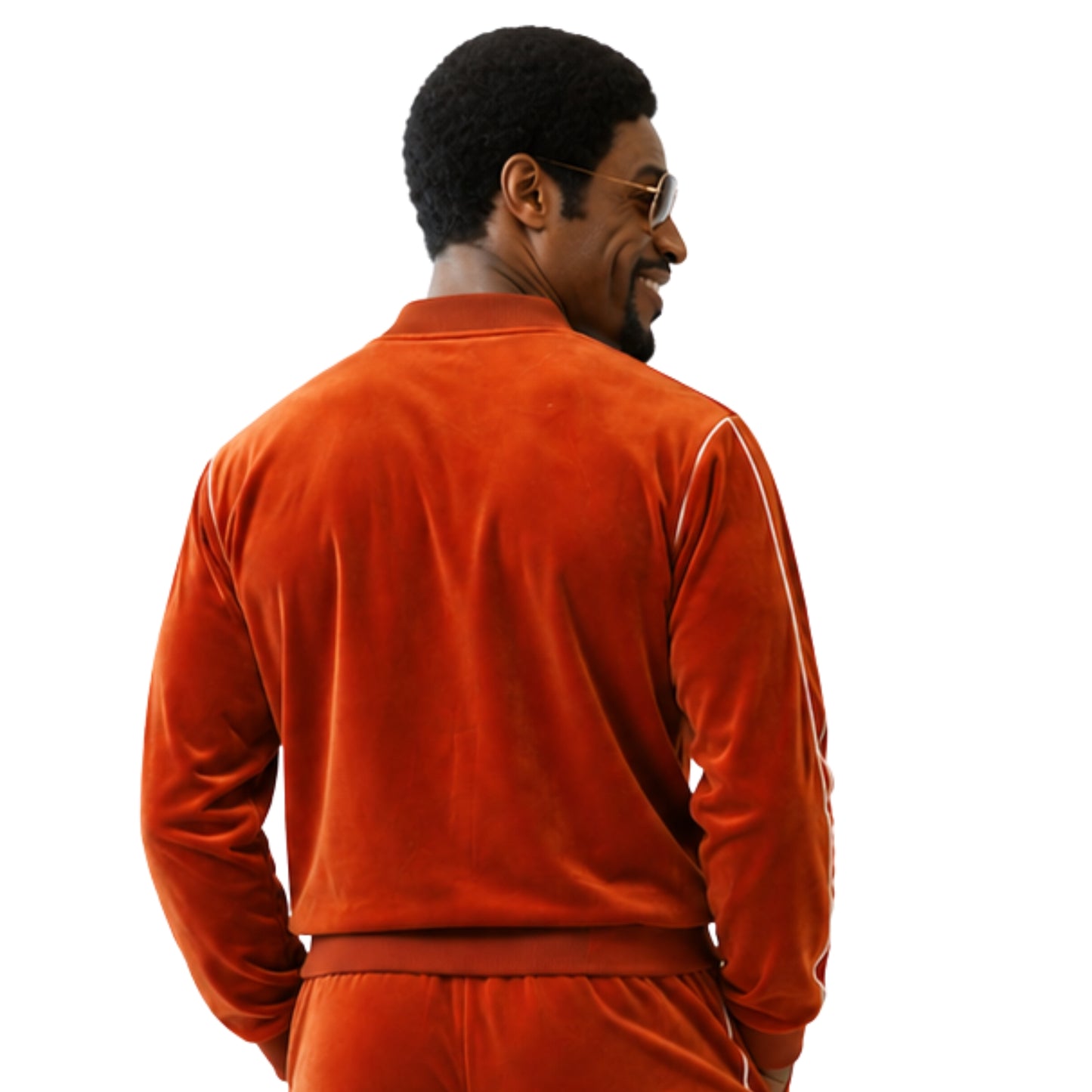 Man wearing an orange tracksuit on a white background