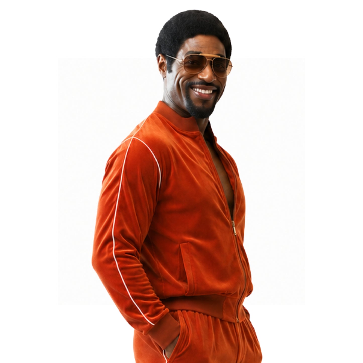 Man wearing an orange tracksuit and sunglasses on a white background