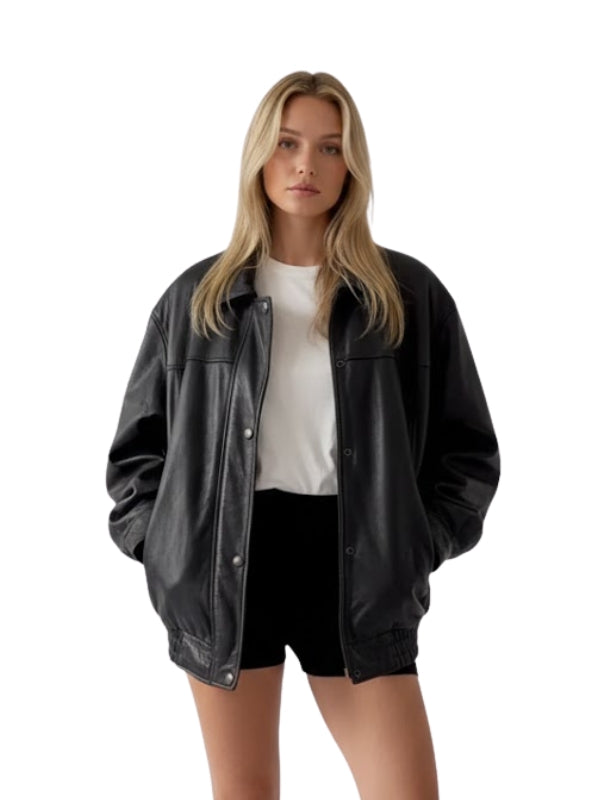 Women Black Classic Pure Leather Bomber Jacket