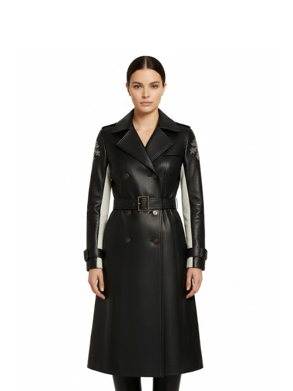 Women Long Double Breasted Black Leather Trench Coat