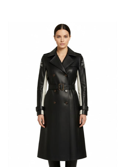 Women Long Double Breasted Black Leather Trench Coat