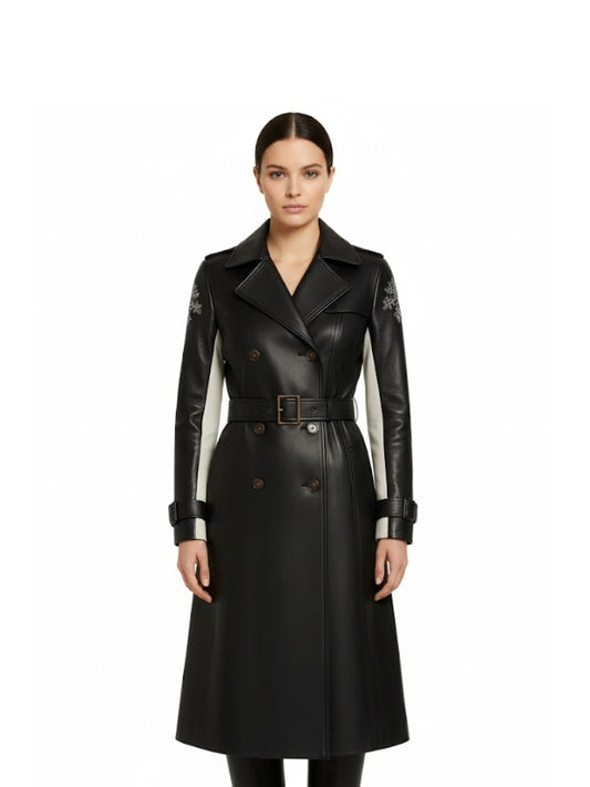 Women Long Double Breasted Black Leather Trench Coat